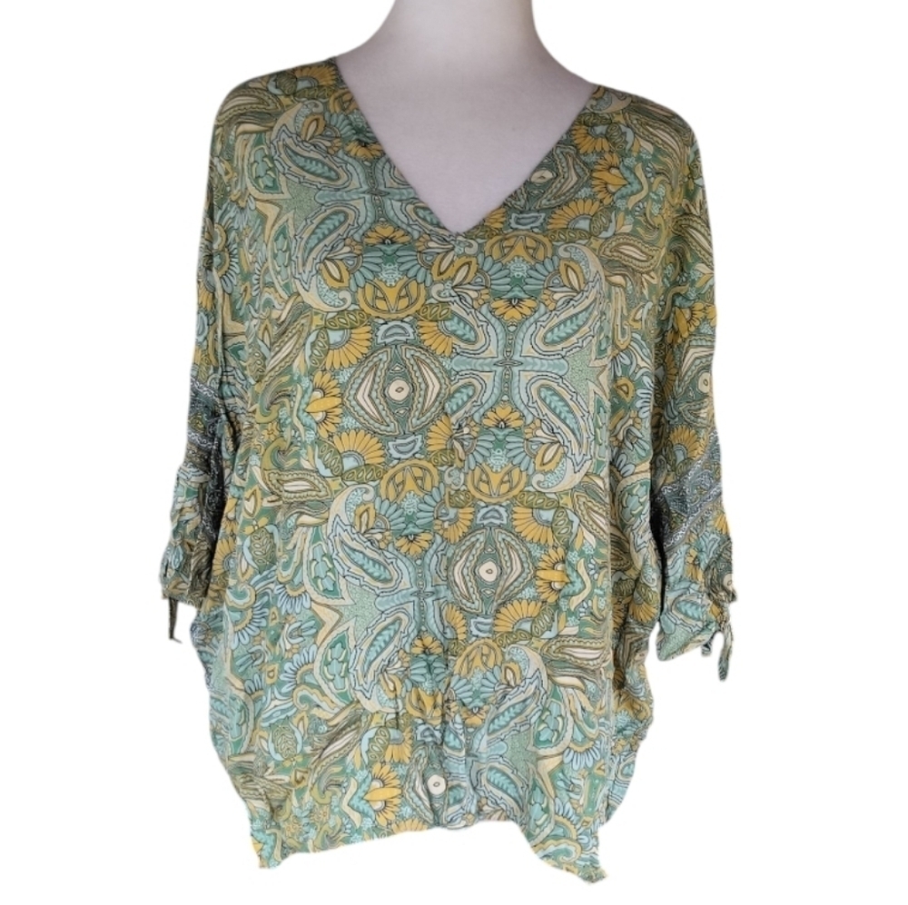 Easel Los Angeles Teal & Yellow Floral Paisley Print Dolan Sleeve Blouse Medium
